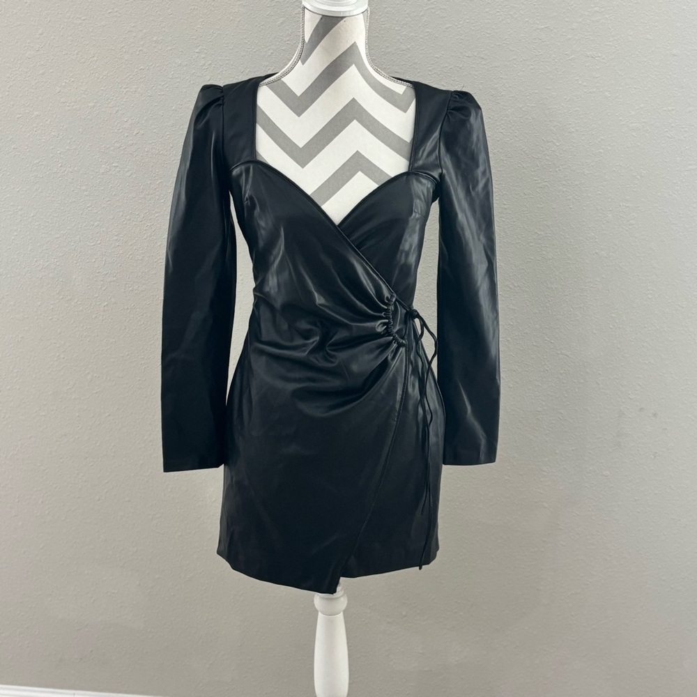 Zara Black Faux Leather Long Sleeve Wrap Mini Dress